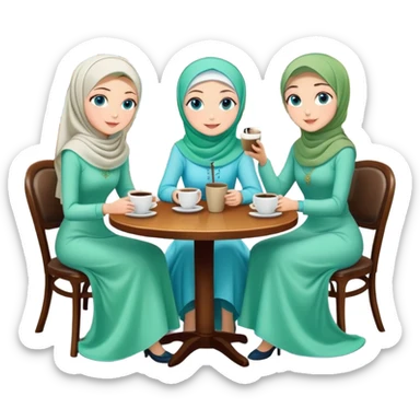Turkish beautiful finish Konya girls blue eyes with Beautiful light green hijab long tail dress and the two friends in a coffeehouse sits on the chair on the ground and holds cup coffe with her hand  sticker