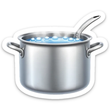 small metal pot filled with boiling water on a stove, visible hot steam and rising bubbles, realistic heat effect, shiny pot surface, bright lighting, clean white background sticker