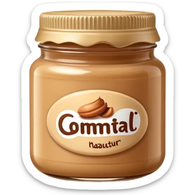 small glass or opaque jar filled with thick creamy hazelnut butter warm beige brown tone slightly swirled glossy smooth rich texture simple cap no label no branding slightly open reveal spread soft lighting subtle shadows transparent background emoji scale sticker