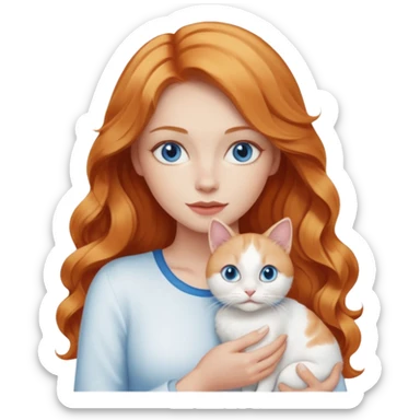 Long wavy strawberry blonde blue eyes woman with a white cat with blue eyes sticker