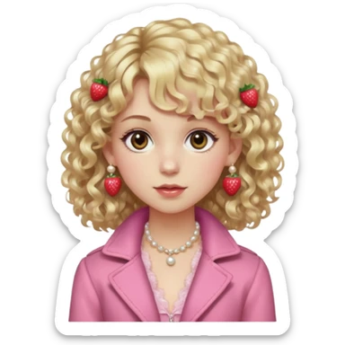 pale girl , who has curly medium length blonde and curly bangs, narrowed hazel eyes , slightly dark but shiny brown shadow, in a dark brown jacket with fur on the shoulders , wearing a pink laced camisole, wearing pearl earrings, wearing a strawberry hairclip sticker
