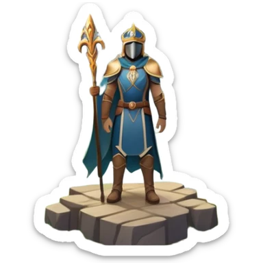 An icon featuring a hero with a closed visor, standing in a majestic, mystical landscape, inspired by RPGs like Elden Ring. The design includes a stunning, ethereal background with towering castles and distant mountains, symbolizing the adventure and mystery. Transparent background sticker