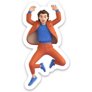 Harry Styles jumping, energetic pose, stylish outfit, expressive face, pop star vibe sticker