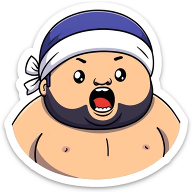 Super extreme tight close-up of just the face of morbidly obese white skin guy with young face, prominent BLACK DURAG tied clearly on head, black beard but no mustache, clean shaven upper lip, black eyes, mouth wide open screaming angrily sticker