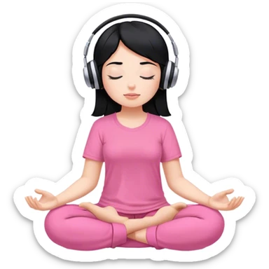 Chica de pelo negro con piel Blanca con los ojos cerrados escuchando musica en audifonos y con camisa rosa mientras medita sticker