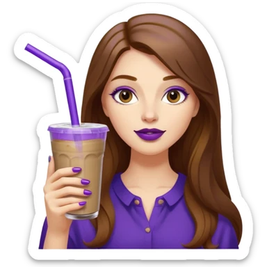 girl with long brown hair, wine lipstick, gold nail polish, drinking a blueberry butter pecan iced coffee with a purple straw  sticker