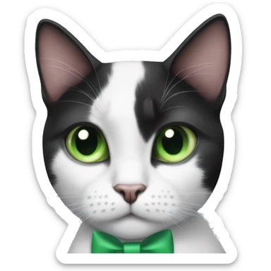 black and white cat with green eyes and a bow tie sticker