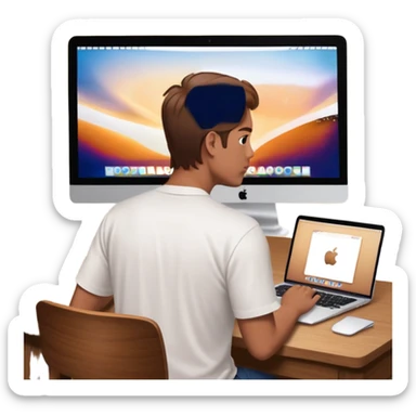 A man seen from behind, with detailed, well-lit hair. He is sitting in front of an open MacBook on a desk. On the MacBook screen, the Instagram logo is clearly visible and glowing.  sticker