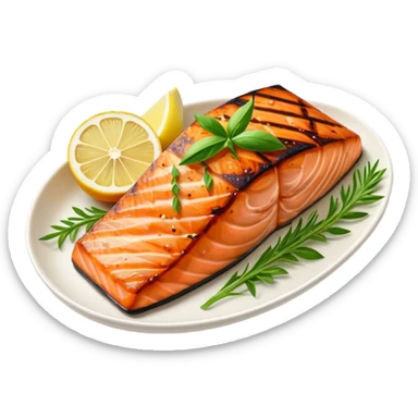 Cinematic perfectly grilled salmon, rich orange hues with crispy skin, garnished with fresh herbs, drizzled with lemon, ultra-detailed and delicious. sticker
