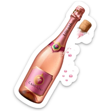 bottle of sparkling rosé champagne with a rose logo on the label, with the cork exploding out from the top, tilted up and to the left, no glass sticker