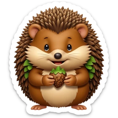 A round hedgehog with a small fuzzy beard puff under its nose, smiling shyly while holding a tiny acorn.



















 sticker