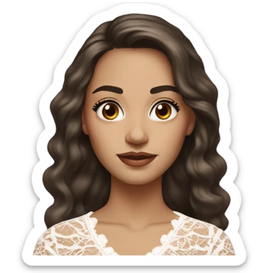 hyper realism Adult woman with brown eyes, light tanned skin, long wavy dark brown hair, wearing a white lace dress, thin eyebrows sticker