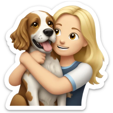 girl with blond hair hugs a spaniel dog sticker
