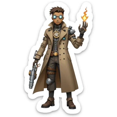cartoonish, rough, and battle-worn cyber-steampunk Dr. Numen Oppen! His rugged trench coat, exposed mechanical joints, and worn cybernetic enhancements capture the fusion of steampunk and cyberpunk aesthetics. sticker