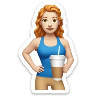 Ginger hazel eyed straight haired white girl in blue sports bra and leggings, drinking iced coffee sticker
