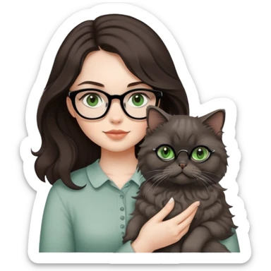 make a girl with medium length wavy hair thats dark brown, dark brown eyes, very pale skin, wearing black glasses, while holding a gray persian cat with green eyes sticker