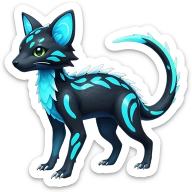 Rare realistic black dark-neon glowing bioluminescent edgy badass epic pretty beautiful handsome gorgeous aesthetic colorful vibrant Vernid-Trico-species-Fakemon-creature by LiLaiRa, 4 legs, 1 tail, random markings, (full body) sticker