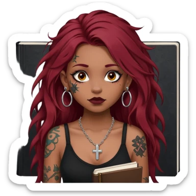generate an ios genmoji of a dusky girl with long dark red messy hair with eyeliner on her eyes. septum piercing, wearing a cami black top, has tattoos, on shoulders. ear piercings. wearing a cross silver necklace. carrying a lot of sketchbooks sticker