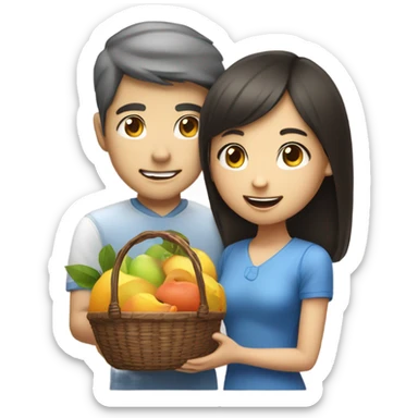 Asian girl giving fruit basket to white man with blue eyes sticker