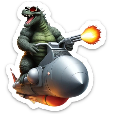 Godzilla with shotgun wearing sun glasses while riding a rocket  sticker