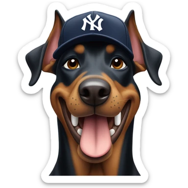 A furry doberman wearing a Yankees cap, winking and sticking out its tongue sticker