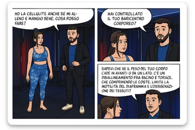 TRASFORMA QUESTO CAROSELLO IN UN FUMETTO CON QUESTE DUE PERSONE IDENTICHE CHE INTERLOQUISCONO TRA LORO:

LEI: Ho la cellulite anche se mi alleno e mangio bene, cosa posso fare?

LUI: Hai controllato il tuo baricentro corporeo?
Sapevi che se il peso del tuo corpo cade in avanti o da un lato, c’è un disallineamento fra bacino e torace, che comprimendo le coste, limita la motilità del diaframma e l’ossigenazione dei tessuti?
Il mio è il primo e unico percorso che lavora sugli inestetismi con un lavoro mirato sul baricentro corporeo. sticker