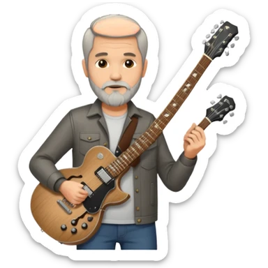 a short grey hair, with long side beard chop, middle age metal head with a classic epiphone eletric guitar sticker