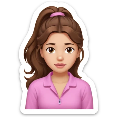 girl with wavy long ponytail brown hair, brown eyes, light to medium complexion, long lashes, light pink lipstick, wearing light pink shirt, in a sauna sticker