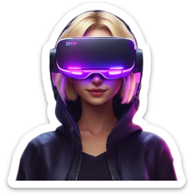 Russian blondy girl celebrating her birthday wearing a black hoodie and VR headset in a cyberpunk VR environment with violet neon lighting sticker