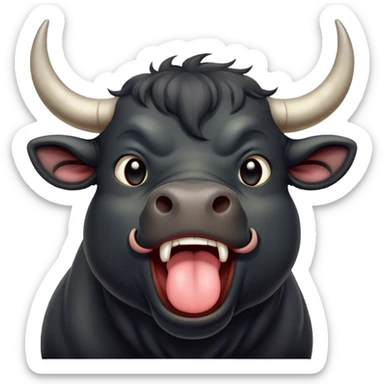 Cinematic Cute Yawning Black Bull Portrait Emoji, Head tilted slightly with a dramatic, wide-open yawn, showcasing a smooth, pure black hide with a subtle texture, floppy ears slightly drooping, round dark eyes barely open in drowsy contentment, Simplified yet irresistibly adorable features, highly detailed, glowing with a soft, cozy glow, high shine, relaxed yet expressive, stylized with a touch of rugged whimsy, bright and endearing, soft glowing outline, capturing the essence of a sleepy yet affectionate guardian, so drowsy it feels like it could charge right out of the screen and curl up for a nap! sticker