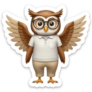 friendly anthropomorphised owl with wings instead of arms, in pants and a shirt, wearing glasses, walking upright, standard pose sticker