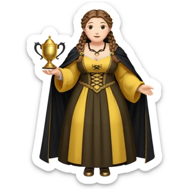 Helga Hufflepuff,brown-haired,2 braids,yellow-black medieval open dress,deep neckline,fat macromastia,black cloak decorated with gold braiding,gold cup with two handles,very kind smile,curvy busty sweet woman,round rosy cheeks,full length with medieval shoes sticker