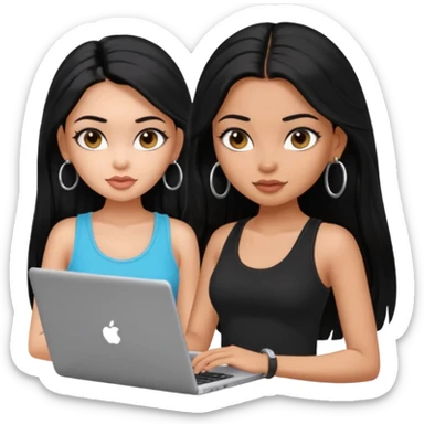a pretty bratz dusky girl with long black hair, kajal under eyes, small silver hoop. black tank top on. laptop in hand sticker