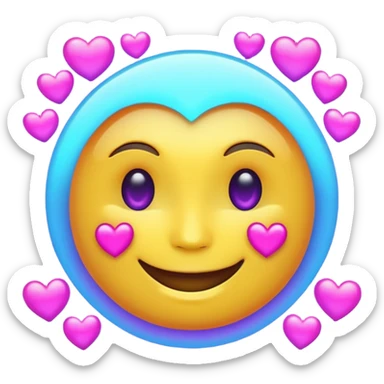 Futuristic glowing smiling face emoji with neon hearts instead of eyes, purple and blue holographic light, dark background sticker