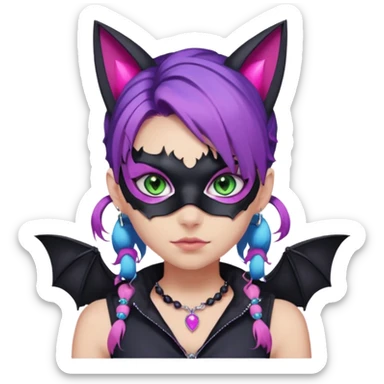 Girl with green eyes, wearing a bat mask with pink stones around her eyes, her hair tied in a ponytail, the hair is purple with blue and pink streaks, with black cat ears with pink stones around, wearing a black shirt that covers the neck, and a sleeveless blue jacket, and a necklace of pink stones sticker