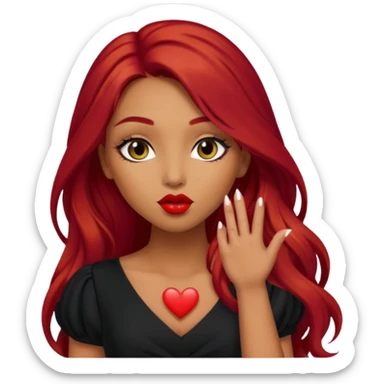  woman with long red hair and dark make up and olive skin sending a kiss in black dress sticker