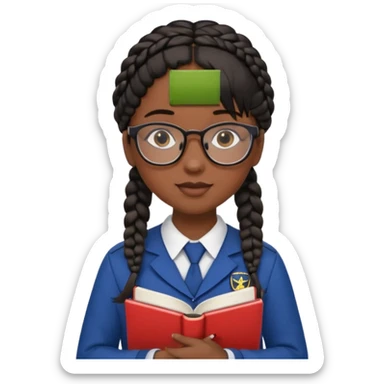 Girl student wearing uniform, glasses, hold book in front of their chest, black braided hair, dark skin sticker