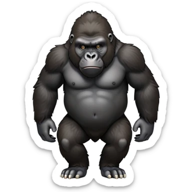 cinematic-gorilla-realistic-full-body-on-all-fours-emoji,-exuding-strength,-thick-dark-fur-in-the-light,-head-tilted-dramatically,-deep-dark-eyes-filled-with-intense-intelligence,-simplified-yet-realistic-focused-features,-highly-detailed, zoomed out friendly  sticker