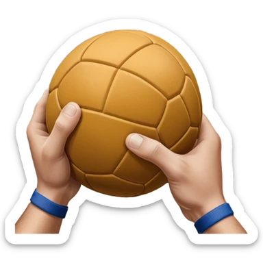 A close-up of a hand gripping a handball, with the handball gates visible in the background. The focus is on the texture of the ball and the strength of the grip, with the goal net slightly blurred to emphasize the anticipation of the throw. sticker