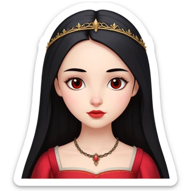 Beautiful girl 
Long, straight hair  
Pure black eyes  
Full, rosy bud-like lips  
A small, beautiful nose  
Eyebrows that are not short or thin, but not too thick or long either  
Fair skin  
Wearing a beautiful red medieval dress  
Skinny body type sticker