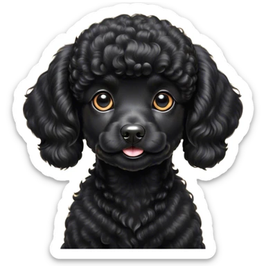 Cinematic Cute Black Poodle Portrait Emoji, Head tilted playfully and inquisitively, showcasing a bouncy, curly jet-black Fur with a striking sheen, round, sparkling dark eyes filled with curiosity, Simplified yet irresistibly adorable features, highly detailed, glowing with a warm, friendly glow, high shine, affectionate and lively, stylized with a touch of whimsy, bright and endearing, soft glowing outline, capturing the essence of a mischievous yet loving companion, so playful it feels like it could bounce out of the screen and into your arms! sticker