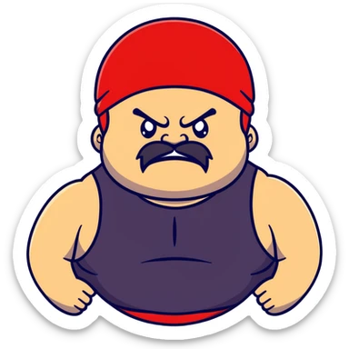 Close-up of very fat white skin guy with young face, beard and mustache, no muscle with prominent black durag, black eyes in a red and black wrestling singlet with angry face sticker