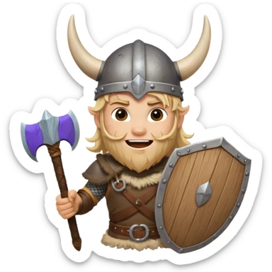 A young Viking warrior with messy blond hair, wooden shield, and fierce excited grin with horned helmet sticker
