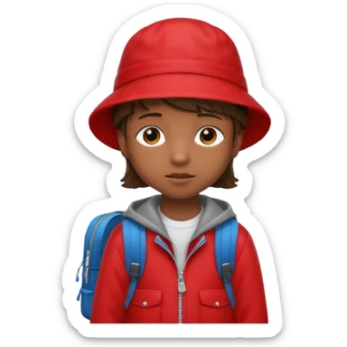 Little student brown wears red bucket hat and jacket, backpack, shy sticker