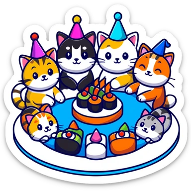 six different cats arranged in a circle, celebrating with party hats, each cat holding a piece of sushi, birthday cake in the center sticker
