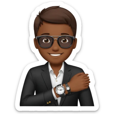 Un niño con pelo lacio color castaño,con lentes de sol negros y un reloj en la muñeca sticker
