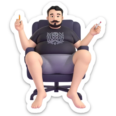 Big man relaxing in chair, legs spread wide, holding cigarette, round face, short black hair (not bald), short beard and mustache, black t-shirt with light stripes at top, exposed belly, black shorts, arms covered in black graphic tattoos with patterns visible on forearms and shoulders sticker