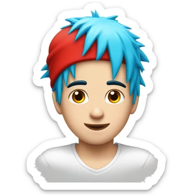 a white kid with cyan blue spiky hair with a red hat and a white shirt with a red circle in the middle and in the circle theres a red tilted line in it sticker