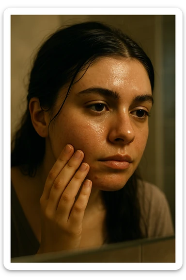 A highly realistic, cinematic close-up portrait of a young woman in her late 20s with medium skin tone, showing visible oily skin and enlarged pores on her cheeks, nose, and forehead. Her skin has a noticeable shiny appearance due to excessive sebum production, and small acne spots are visible along her jawline and chin, indicating hormonal imbalance. Her dark hair appears greasy, clumping in some areas near her scalp, emphasizing unwashed, oily hair due to overactive sebaceous glands caused by PCOS. The woman looks at herself in the mirror with a tired yet hopeful expression, gently touching her cheek with her fingertips as she observes her skin condition. The setting is a softly lit bathroom with natural daylight, and the reflection shows the detail of her skin texture and greasy hair strands. Style: 35mm hyperrealistic film, warm neutral tones with soft depth of field, focusing on the oily skin texture, visible pores, and greasy hair to clearly illustrate the visual symptoms of PCOS. in italiano sticker