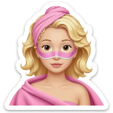 A white girl with blonde wavy hair in a pink towel with a spa face mask is relaxing sticker